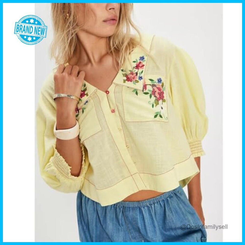 Y2K Embroidered Floral Blouse Crop Top Puff Smocked Sleeve Loose Fit - Picture 2 of 3